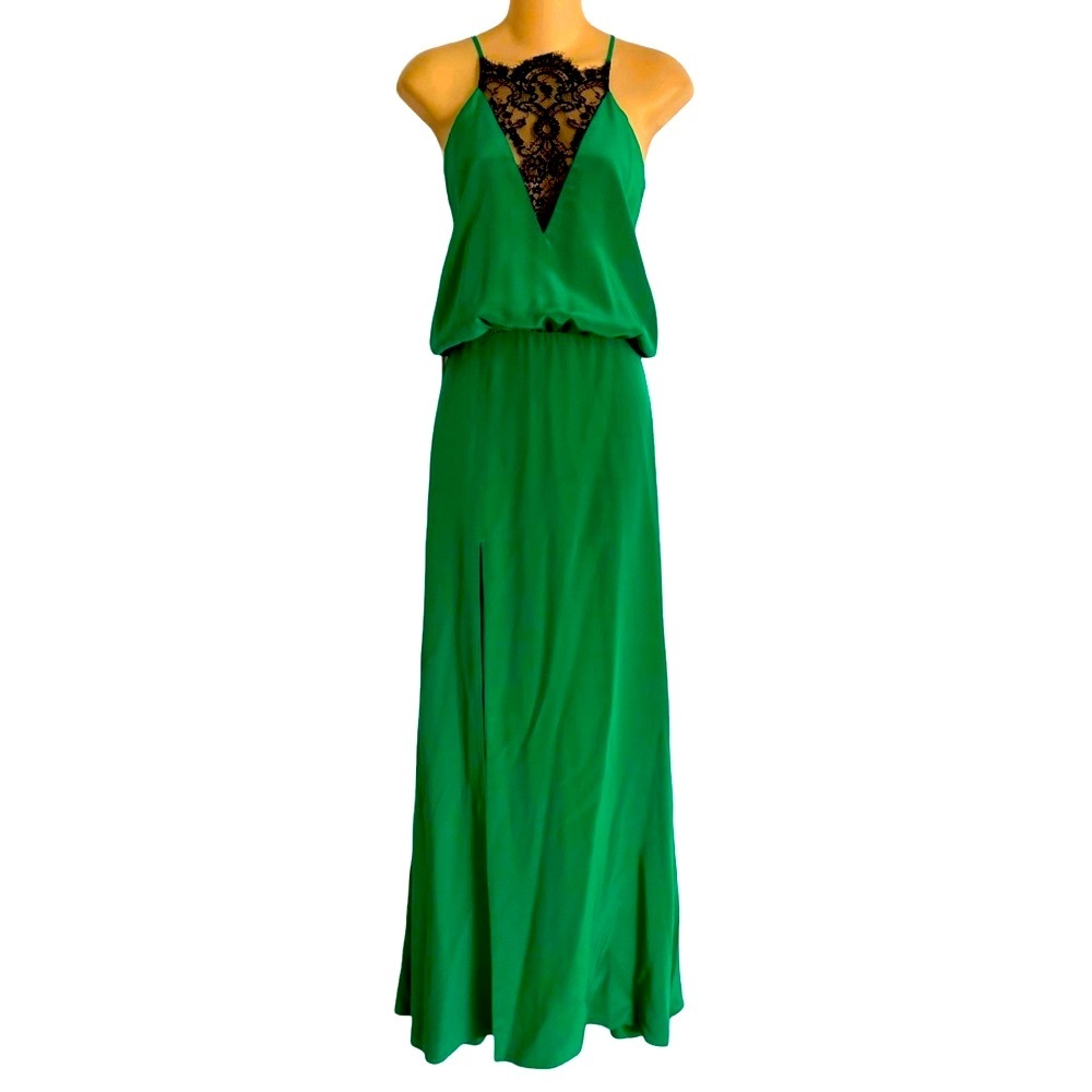 MASON emerald green LINGERIE lace SILK slip dress GOWN thigh slit Size 0 XS